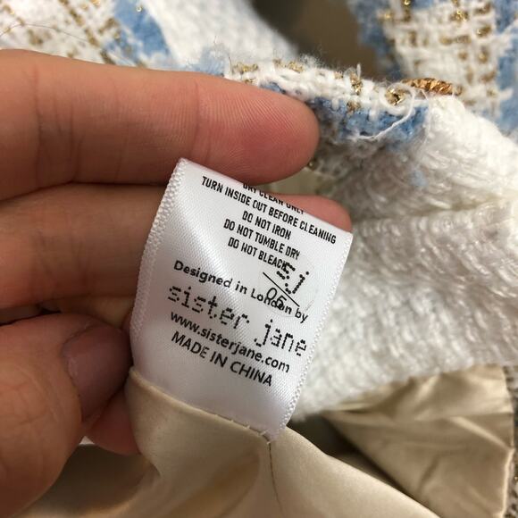 Sister Jane Blazer Cardigan Metallic Blue Tweed Plaid Long Bejeweled V Neck S - Picture 9 of 14